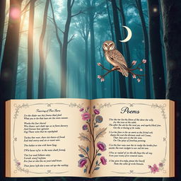 An elegant collection of poems visually represented, featuring a mystical forest backdrop with soft, ethereal lighting