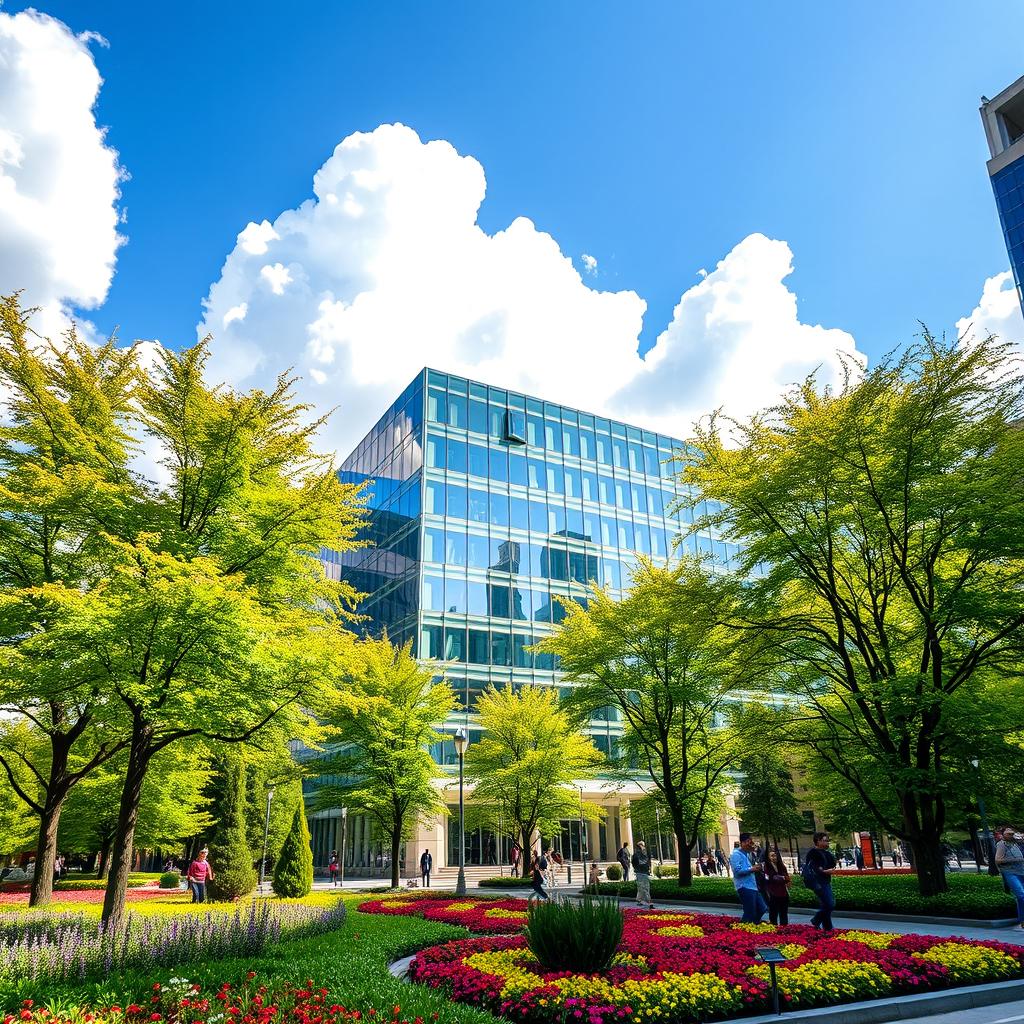 A stunning, detailed urban cityscape featuring a beautiful modern building with sleek glass windows, surrounded by vibrant green trees and colorful flowers in a park setting