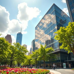 A stunning, detailed urban cityscape featuring a beautiful modern building with sleek glass windows, surrounded by vibrant green trees and colorful flowers in a park setting