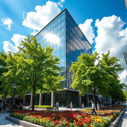 A stunning, detailed urban cityscape featuring a beautiful modern building with sleek glass windows, surrounded by vibrant green trees and colorful flowers in a park setting