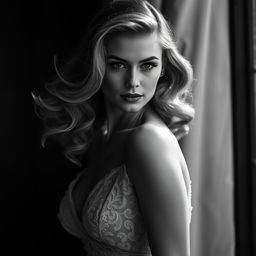 A dramatic and striking black and white portrait of a woman with flowing wavy hair, exuding elegance and confidence, in a classic 1940s style