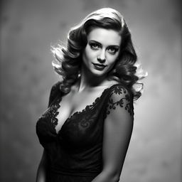 A dramatic and striking black and white portrait of a woman with flowing wavy hair, exuding elegance and confidence, in a classic 1940s style