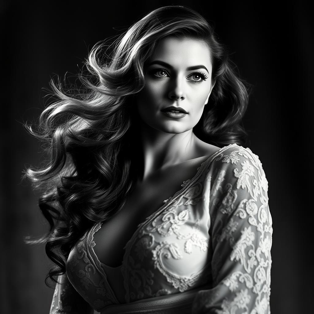 A dramatic and striking black and white portrait of a woman with flowing wavy hair, exuding elegance and confidence, in a classic 1940s style