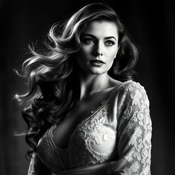 A dramatic and striking black and white portrait of a woman with flowing wavy hair, exuding elegance and confidence, in a classic 1940s style