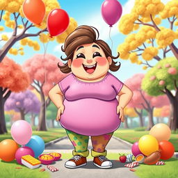 A whimsical and stylized character transformation scene where a cartoonish character begins to inflate playfully, gaining weight in a funny and exaggerated way while still looking cheerful