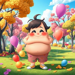 A whimsical and stylized character transformation scene where a cartoonish character begins to inflate playfully, gaining weight in a funny and exaggerated way while still looking cheerful