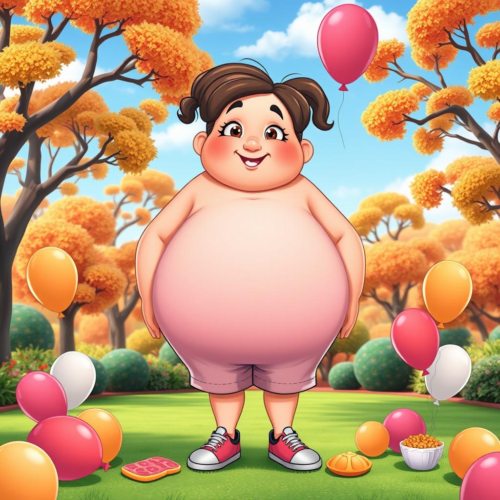 A whimsical and stylized character transformation scene where a cartoonish character begins to inflate playfully, gaining weight in a funny and exaggerated way while still looking cheerful