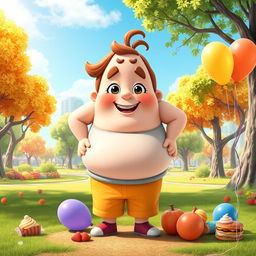 A whimsical and stylized character transformation scene where a cartoonish character begins to inflate playfully, gaining weight in a funny and exaggerated way while still looking cheerful