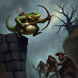 An obese lizardfolk ranger, covered in mottled green and brown scales with vivid yellow eyes, leaps from the top of a dark, desolate stone wall, ready to ambush three unsuspecting bandits below
