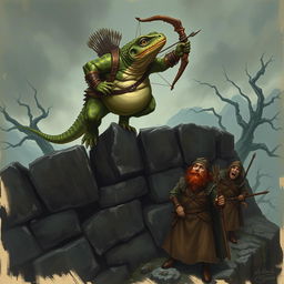 An obese lizardfolk ranger, covered in mottled green and brown scales with vivid yellow eyes, leaps from the top of a dark, desolate stone wall, ready to ambush three unsuspecting bandits below