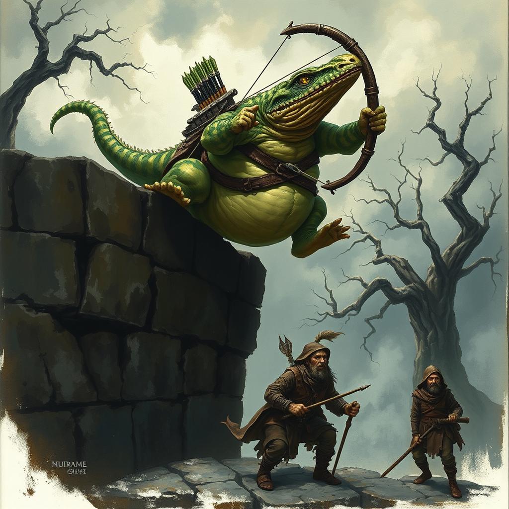 An obese lizardfolk ranger, covered in mottled green and brown scales with vivid yellow eyes, leaps from the top of a dark, desolate stone wall, ready to ambush three unsuspecting bandits below