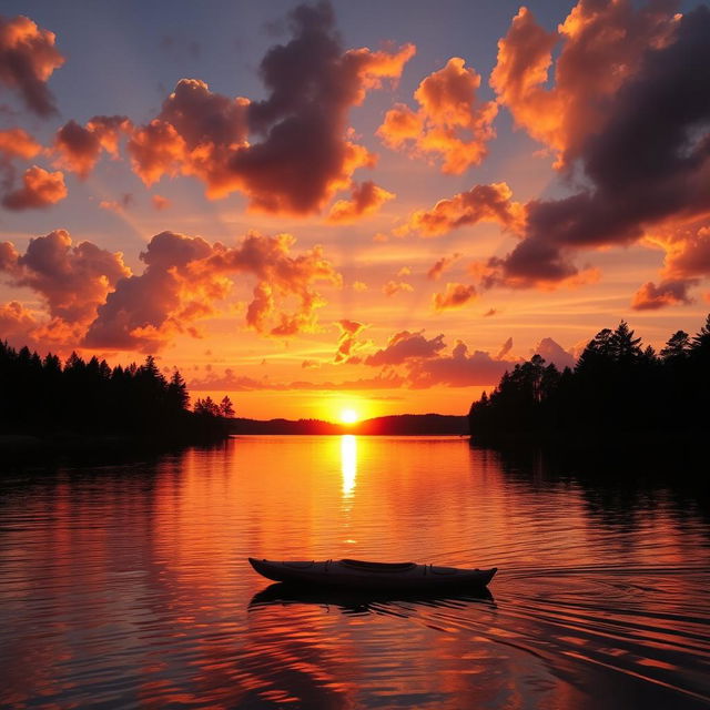 A majestic sunset over a serene lake, with vibrant hues of orange, pink and purple reflecting on the water's surface