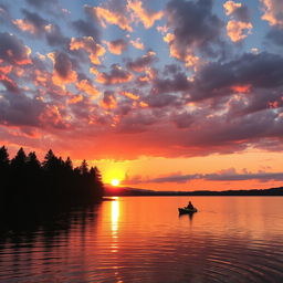 A majestic sunset over a serene lake, with vibrant hues of orange, pink and purple reflecting on the water's surface