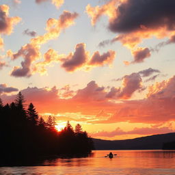 A majestic sunset over a serene lake, with vibrant hues of orange, pink and purple reflecting on the water's surface