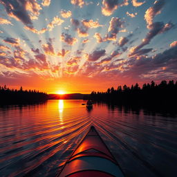 A majestic sunset over a serene lake, with vibrant hues of orange, pink and purple reflecting on the water's surface