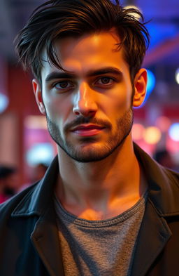 A handsome man in his 30s with a diamond-shaped face, deep black eyes, and a light beard