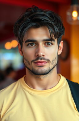 A handsome man in his 30s with a diamond-shaped face, deep black eyes, and a light beard