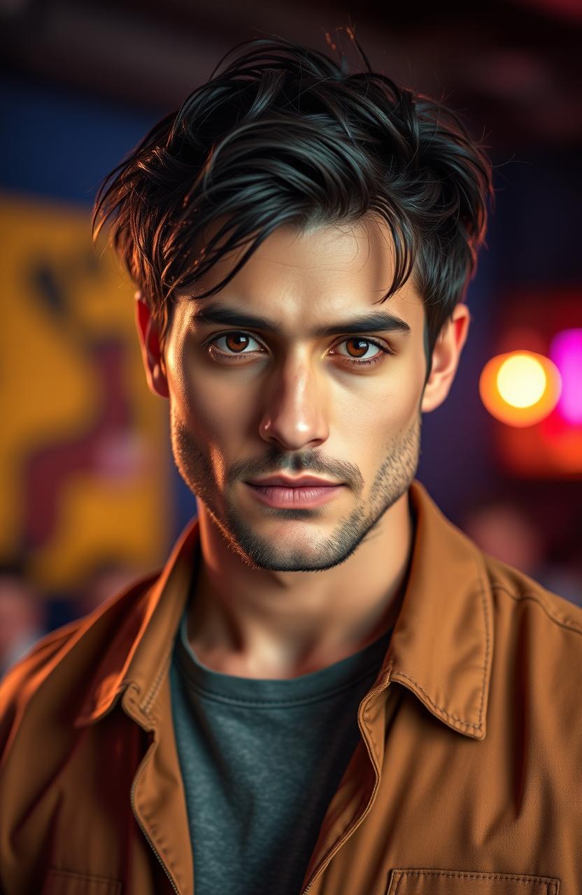 A handsome man in his 30s with a diamond-shaped face, deep black eyes, and a light beard