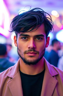 A handsome man in his 30s with a diamond-shaped face, deep black eyes, and a light beard