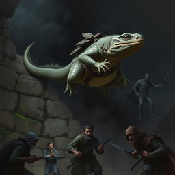 An obese lizardfolk ranger mid-air, leaping off a dark and desolate stone wall, capturing the element of surprise as he descends upon three unsuspecting bandits below