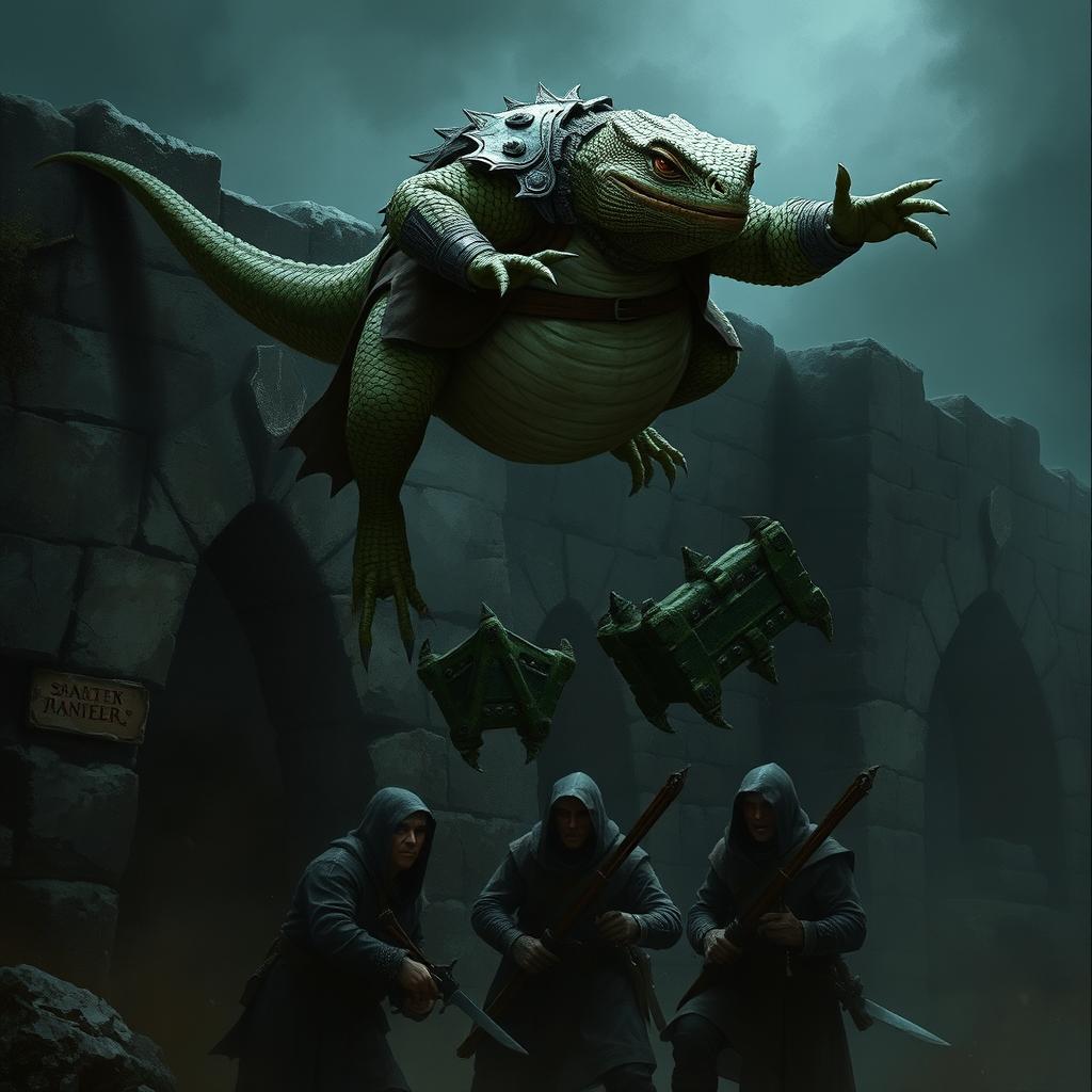 An obese lizardfolk ranger mid-air, leaping off a dark and desolate stone wall, capturing the element of surprise as he descends upon three unsuspecting bandits below