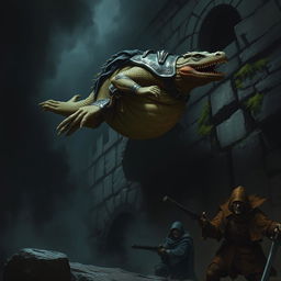 An obese lizardfolk ranger mid-air, leaping off a dark and desolate stone wall, capturing the element of surprise as he descends upon three unsuspecting bandits below