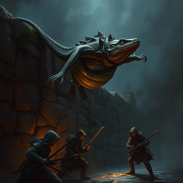 An obese lizardfolk ranger mid-air, leaping off a dark and desolate stone wall, capturing the element of surprise as he descends upon three unsuspecting bandits below