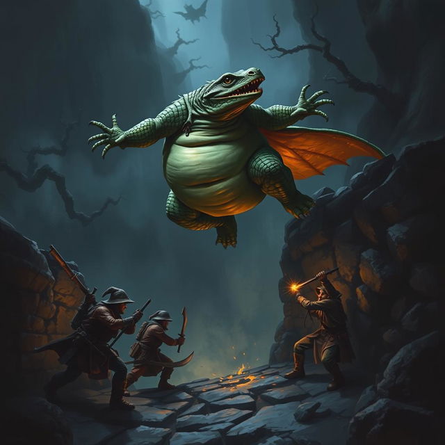 An obese lizardfolk ranger mid-air, leaping off a dark and desolate stone wall, poised to ambush three unsuspecting bandits below