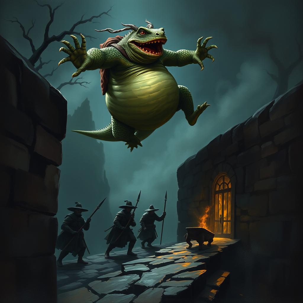 An obese lizardfolk ranger mid-air, leaping off a dark and desolate stone wall, poised to ambush three unsuspecting bandits below