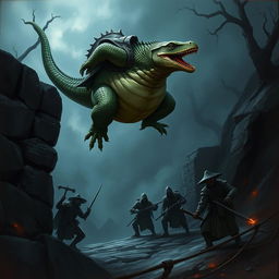 An obese lizardfolk ranger mid-air, leaping off a dark and desolate stone wall, poised to ambush three unsuspecting bandits below