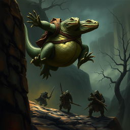 An obese lizardfolk ranger mid-air, leaping off a dark and desolate stone wall, poised to ambush three unsuspecting bandits below