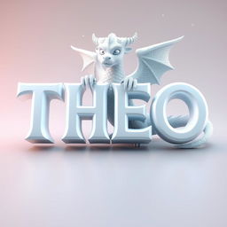A three-dimensional rendering of the word 'THEO' in a white color with a glossy finish, set against a soft gradient background