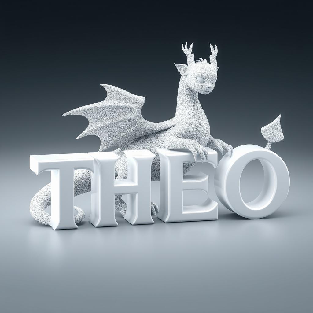 A three-dimensional rendering of the word 'THEO' in a white color with a glossy finish, set against a soft gradient background