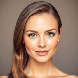 A close-up portrait of a beautiful woman with smooth, elegant hair styled neatly to one side