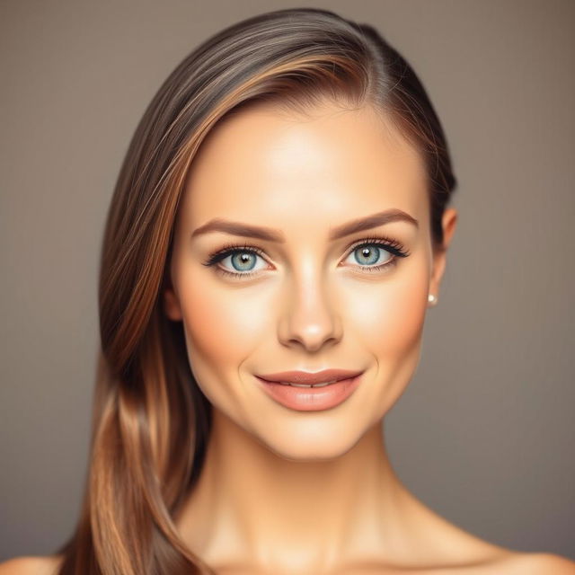 A close-up portrait of a beautiful woman with smooth, elegant hair styled neatly to one side