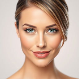 A close-up portrait of a beautiful woman with smooth, elegant hair styled neatly to one side