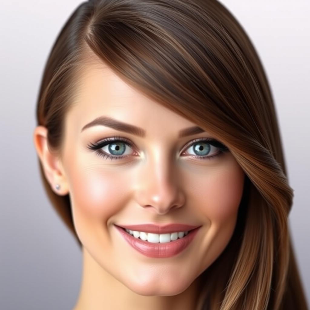 A close-up portrait of a beautiful woman with smooth, elegant hair styled neatly to one side