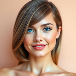 A close-up portrait of a beautiful woman with smooth, elegant hair styled neatly to one side