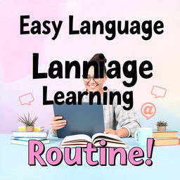 A vibrant and inviting YouTube video thumbnail showcasing a realistic language learning routine