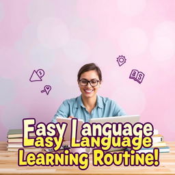 A vibrant and inviting YouTube video thumbnail showcasing a realistic language learning routine