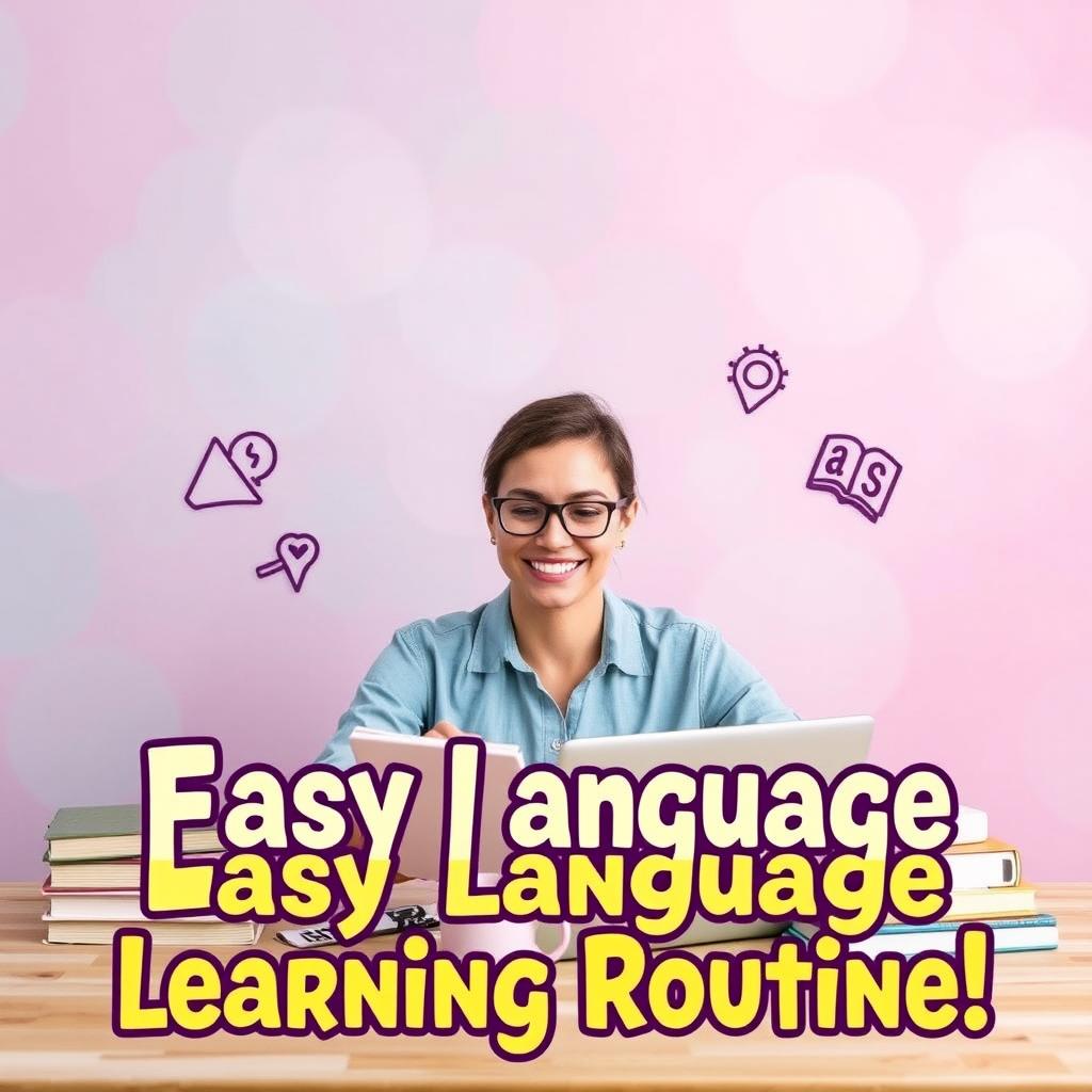 A vibrant and inviting YouTube video thumbnail showcasing a realistic language learning routine