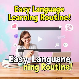 A vibrant and inviting YouTube video thumbnail showcasing a realistic language learning routine