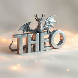A three-dimensional rendering of the word 'THEO' in a silver color with a metallic finish, set against a soft, ethereal background