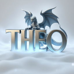 A three-dimensional rendering of the word 'THEO' in a silver color with a metallic finish, set against a soft, ethereal background