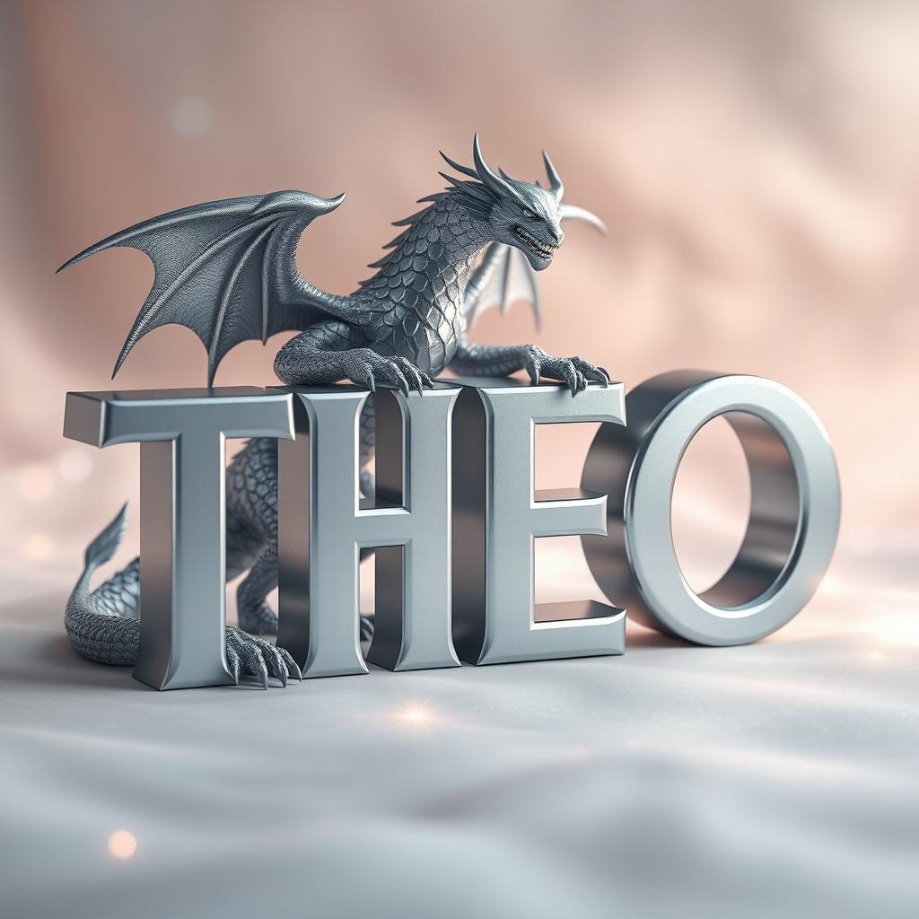 A three-dimensional rendering of the word 'THEO' in a silver color with a metallic finish, set against a soft, ethereal background