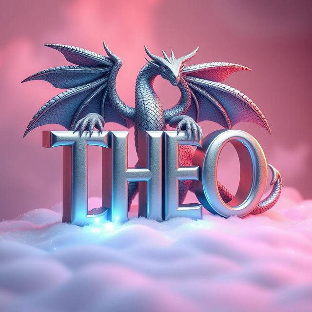 A three-dimensional rendering of the word 'THEO' in a silver color with a metallic finish, set against a soft, ethereal background