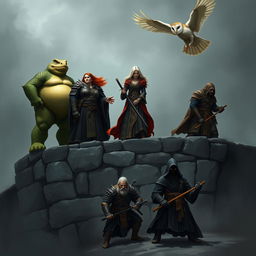 An obese lizardfolk ranger with textured green scales and heavy armor, standing confidently on the top of a dark and desolate stone wall