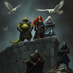 An obese lizardfolk ranger with textured green scales and heavy armor, standing confidently on the top of a dark and desolate stone wall