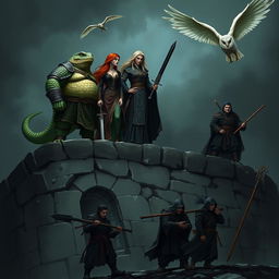 An obese lizardfolk ranger with textured green scales and heavy armor, standing confidently on the top of a dark and desolate stone wall