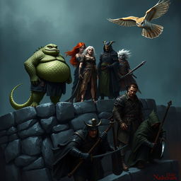 An obese lizardfolk ranger with textured green scales and heavy armor, standing confidently on the top of a dark and desolate stone wall